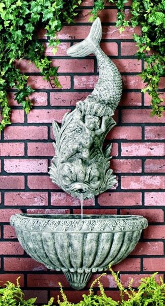 Dolphin With Cherub Wall Fountain two pieces Statuary Decorative Outdoors